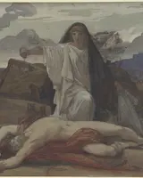 Antigone, illustrated by Eugène Lenepveu for Antigone Gives Token Burial to the Body of Her Brother Polynices, 1850