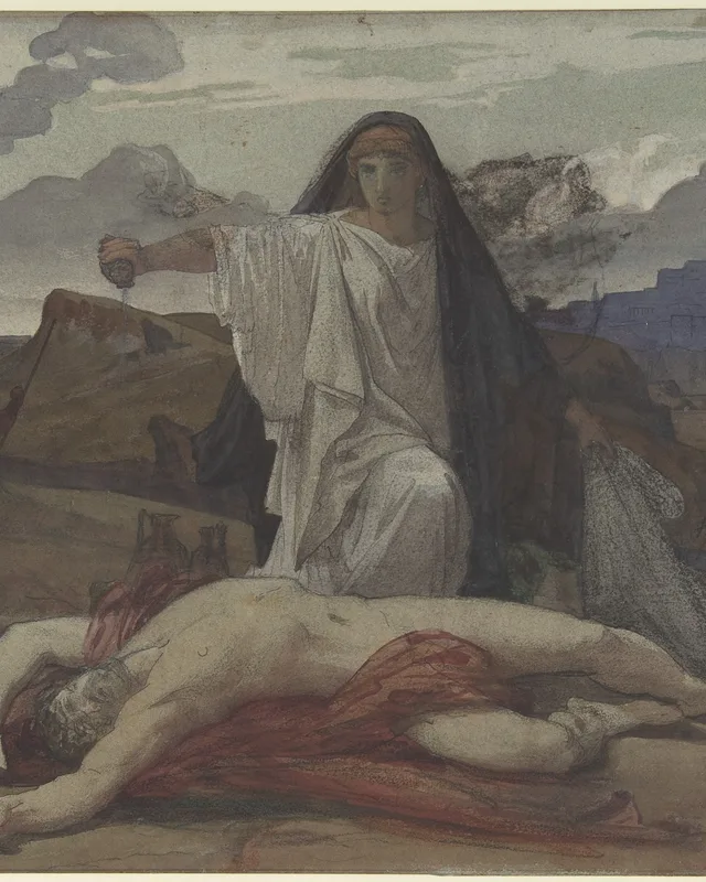 Antigone, illustrated by Eugène Lenepveu for Antigone Gives Token Burial to the Body of Her Brother Polynices, 1850