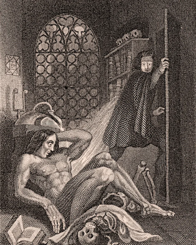 The Creature, illustrated by Theodor von Holst for Frontispiece to Frankenstein, Colburn & Bentley, 1831